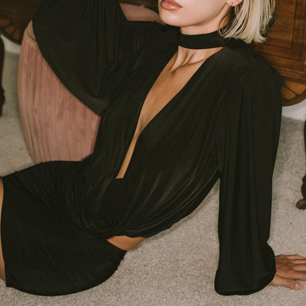 Long sleeve deep v neck ruched mini skirt set