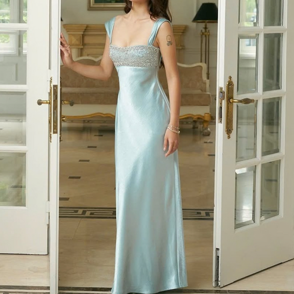 Square neck beaded satin maxi dress