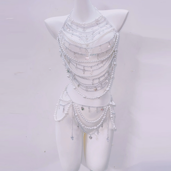 Halter beaded backless metal chain belt top