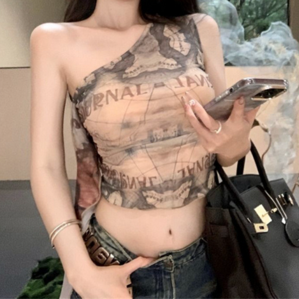 One shoulder irregular ruched ruffle print top