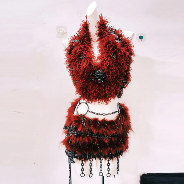Skull applique o ring metal chain fluffy mini skirt set