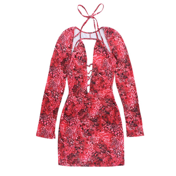Long sleeve hollow out self tie print mini dress