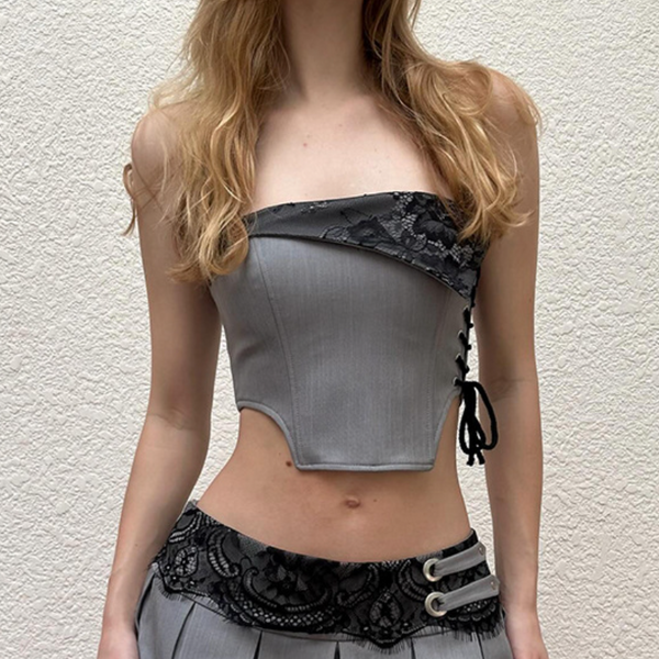 Lace up lace patchwork tube top