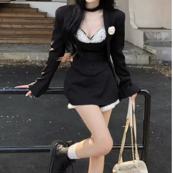 Long sleeve lace hem cami 3 piece mini skirt set