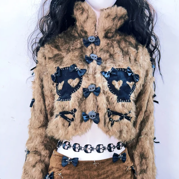 Fluffy long sleeve bowknot skull applique top