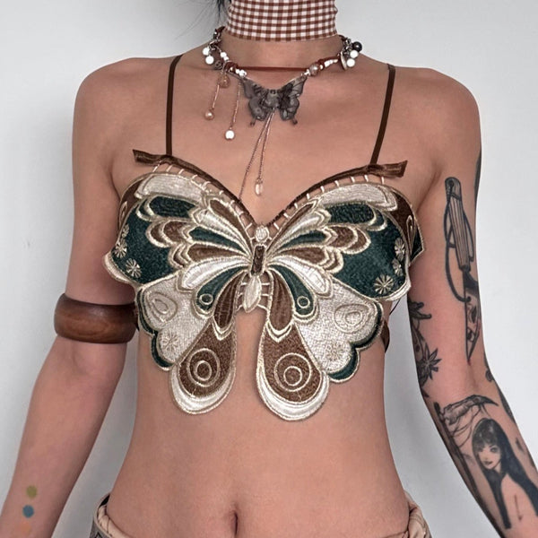 Contrast embroidery butterfly cross backless crop top