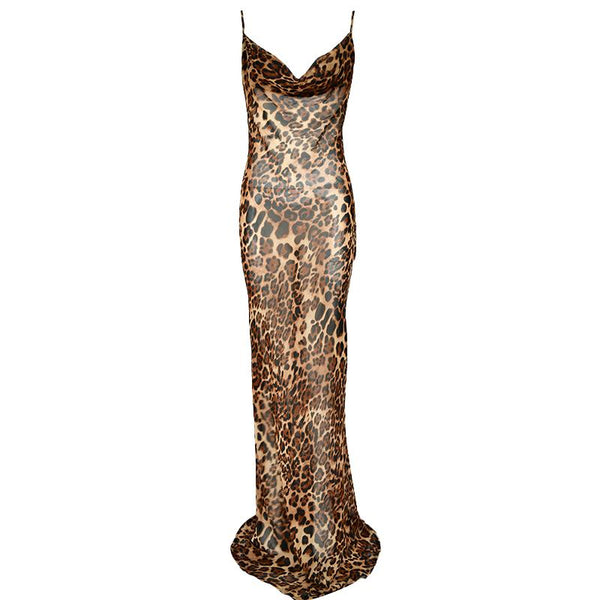 Vestido largo de tirantes de malla transparente con cuello vuelto y estampado de leopardo 