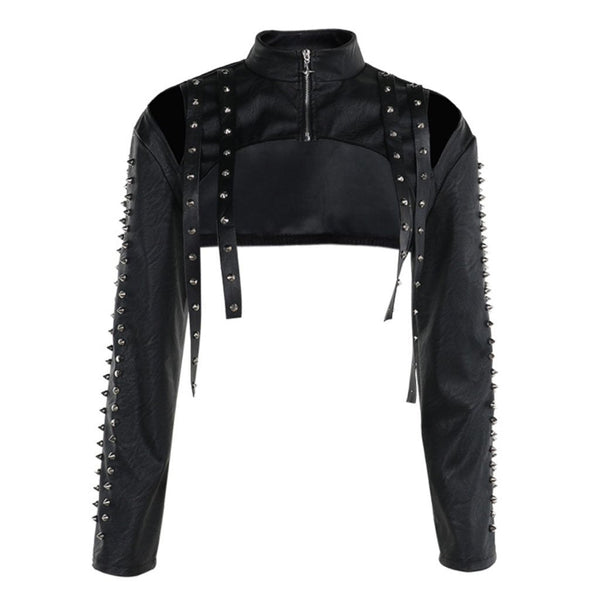 Zip-up long sleeve PU leather rivet applique hollow out top