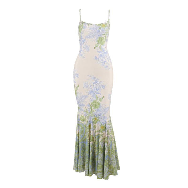 U neck flower print contrast cami maxi dress