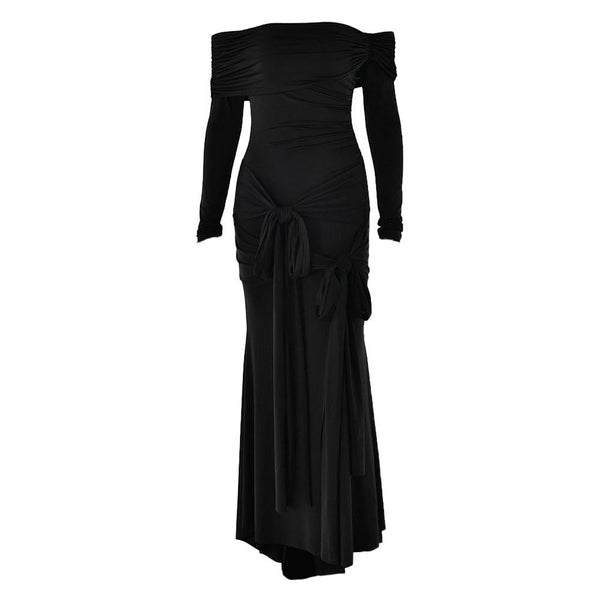 Off shoulder long sleeve ruched self tie maxi dress