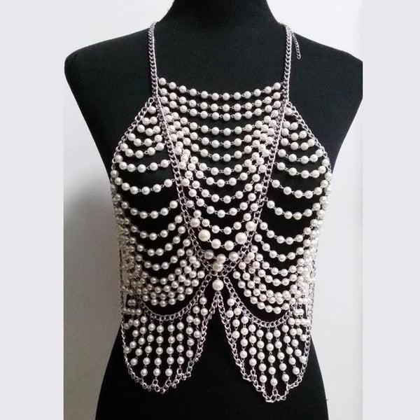 Metal chain beaded hollow out u neck backless top