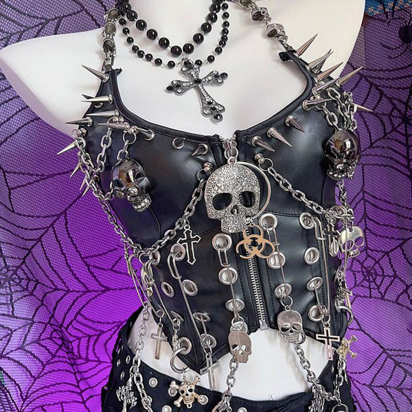 Halter metal chain PU leather skull applique zip-up top