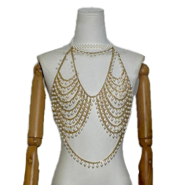 Halter hollow out beaded metal chain top