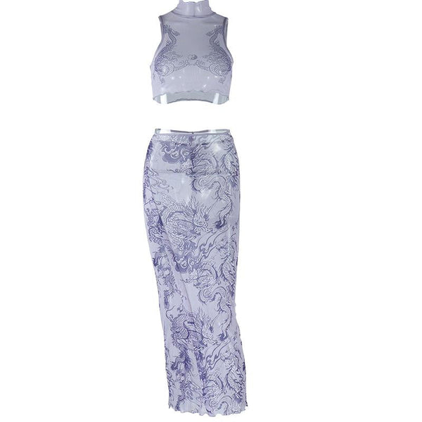 High neck dragon print sheer mesh ruffle midi skirt set