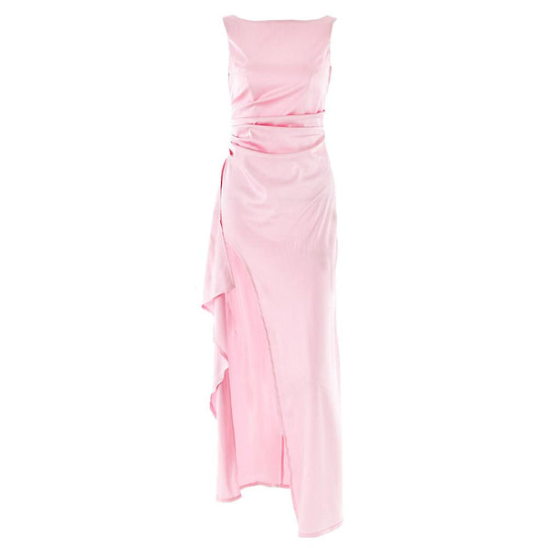 Ruched high slit satin round neck backless maxi dress