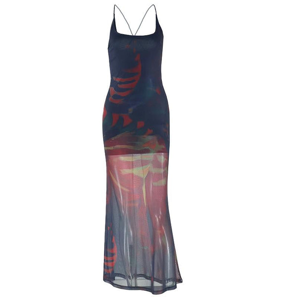 Mesh print u neck cross back cami maxi dress