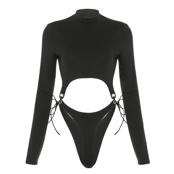 High neck long sleeve hollow out self tie bodysuit