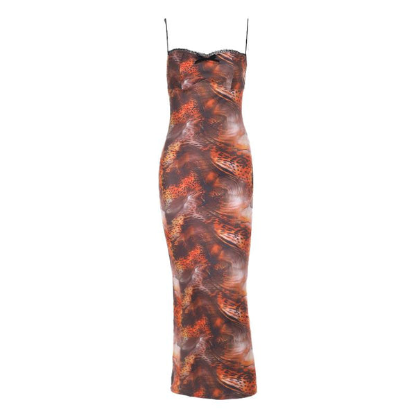 Slit leopard print bowknot lace hem cami midi dress