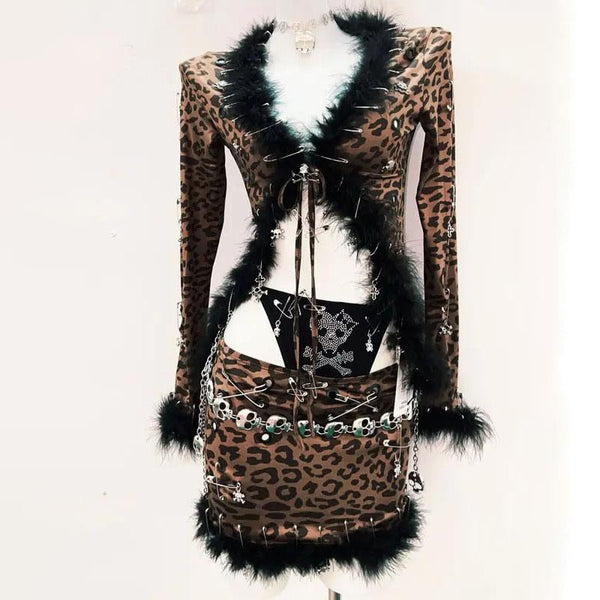 Leopard print feather v neck long sleeve mini skirt set