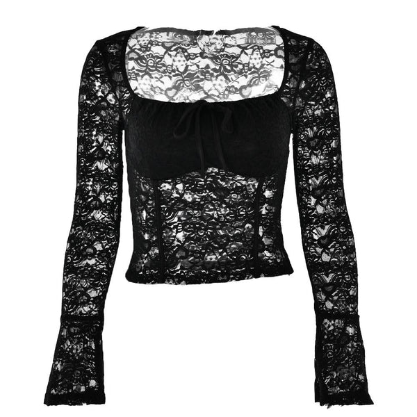 Long flared sleeve square neck lace self tie top