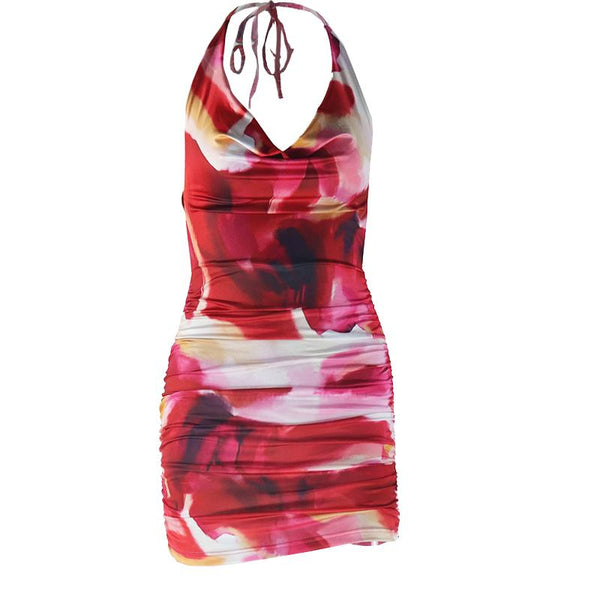 Halter tie dye cowl neck ruched mini dress