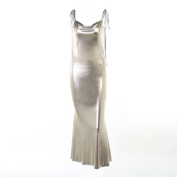 Ruched metallic self tie cowl neck cami maxi dress