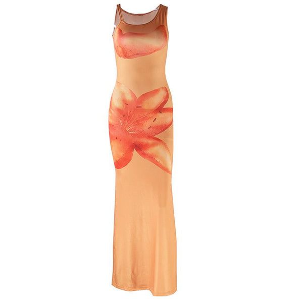 Flower print u neck sleeveless tank maxi dress