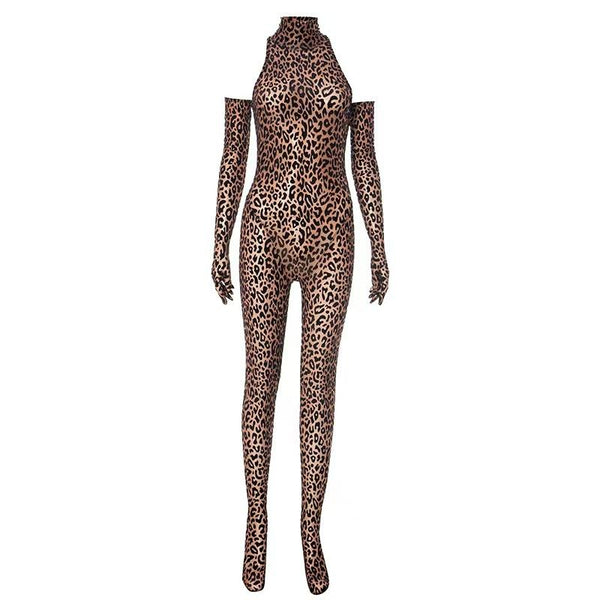 Leopard print high neck gloves zip-up jumpsuit