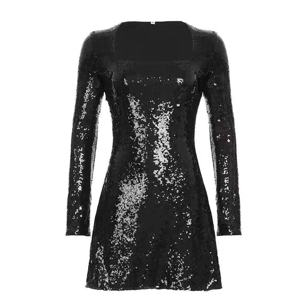 Square neck long sleeve glitter mini dress