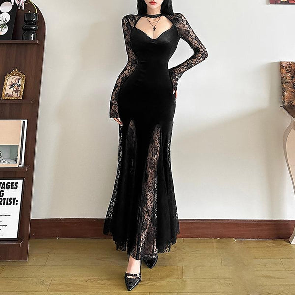 Long sleeve v neck lace velvet patchwork maxi dress