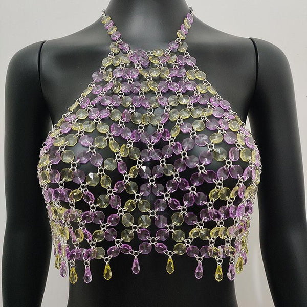 Halter hollow out crystal beaded crop top