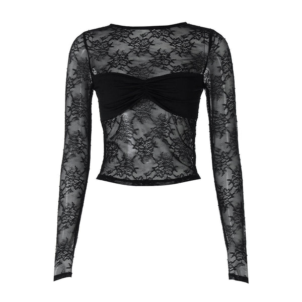 Long sleeve lace see through crewneck ruched top