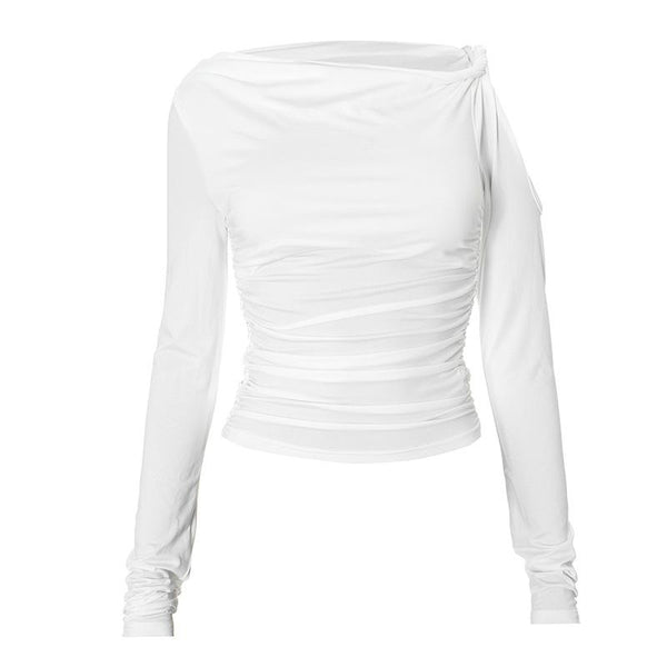 Irregular long sleeve hollow out ruched one shoulder top