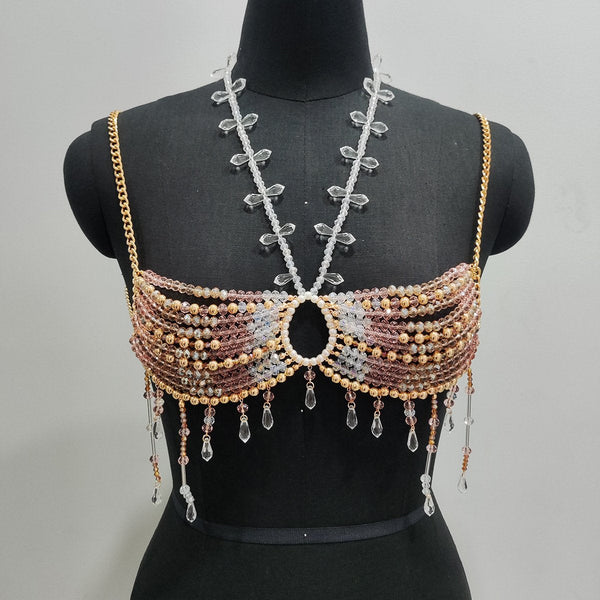 Halter crystal beaded tassels hollow out crop top