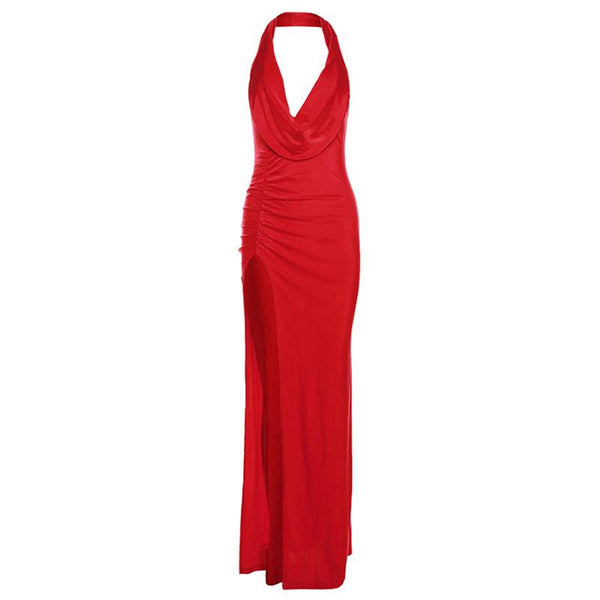 Ruched high slit cowl neck backless maxi dress