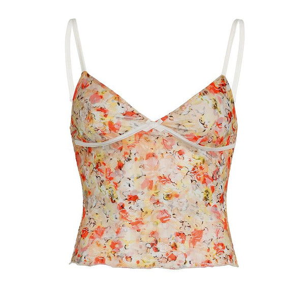 V neck mesh bowknot print cami top