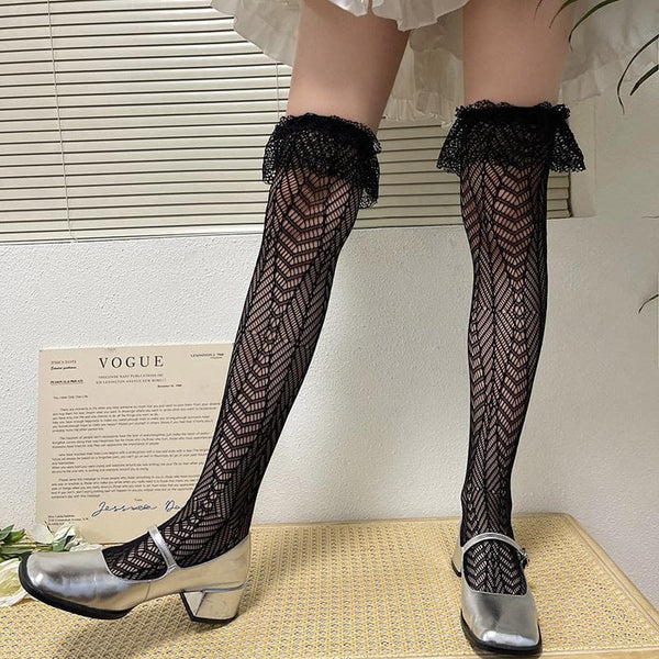 Sheer lace ruffle solid thigh high socks