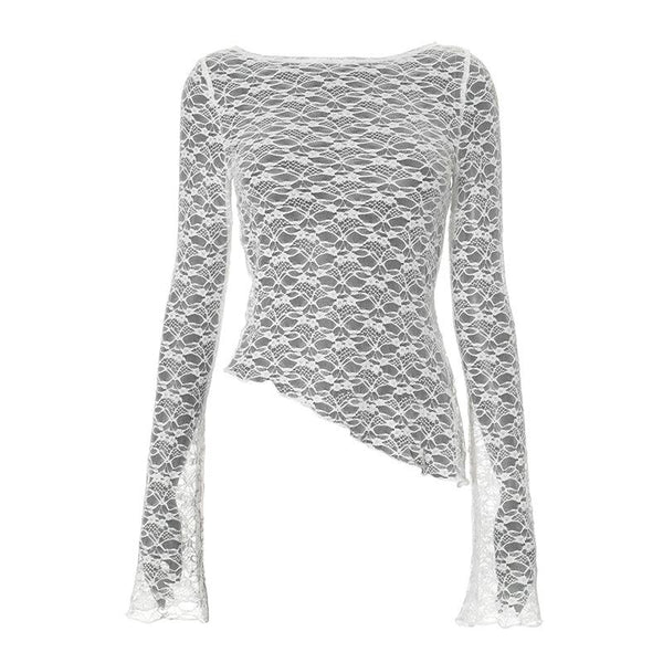 Irregular long sleeve lace see through solid top