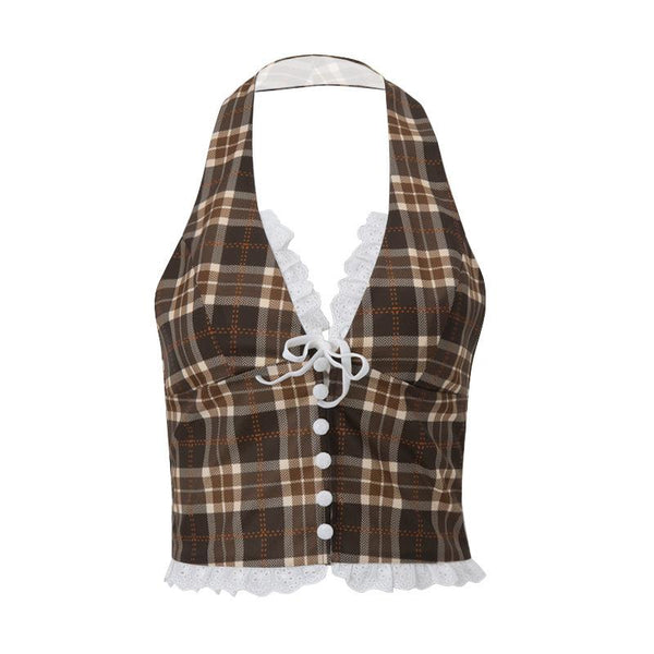 Halter v neck plaid ruffle button crop top