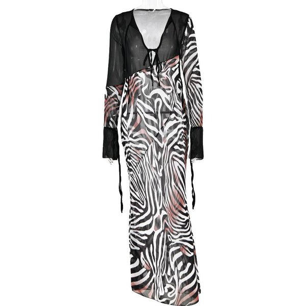 Long sleeve zebra print mesh see through patchwork maxi dress