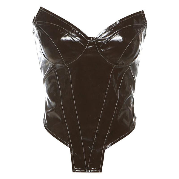 Brown zip-up PU leather backless tube top