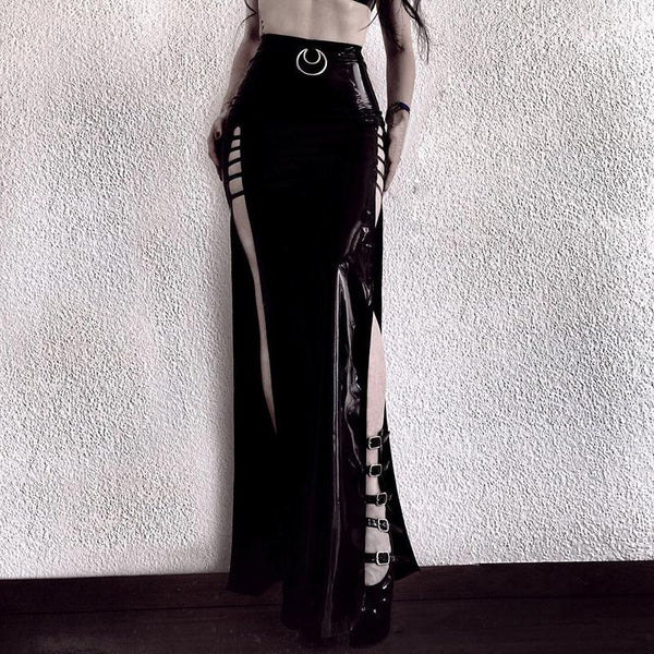 Hollow out high slit metallic zip-up maxi skirt