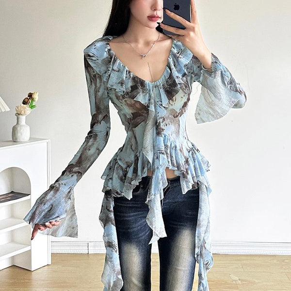 Long sleeve slit v neck ruffle tie dye ruched top