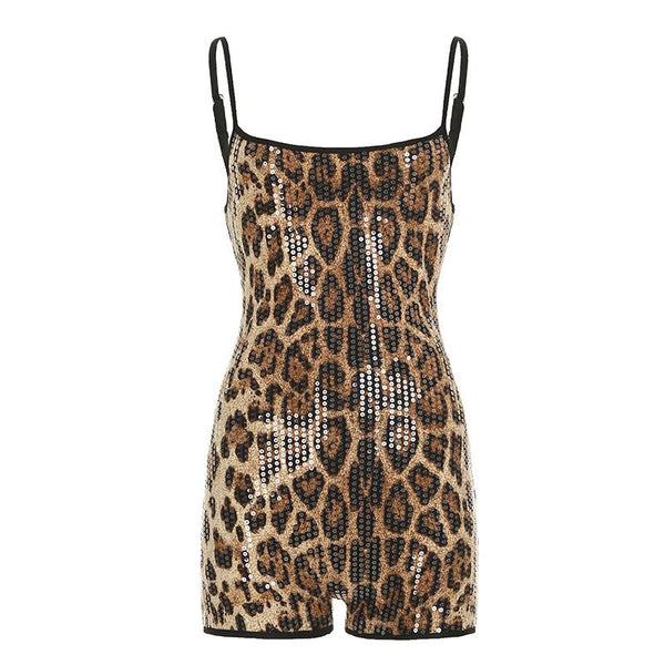 Leopard print u neck glitter cami romper