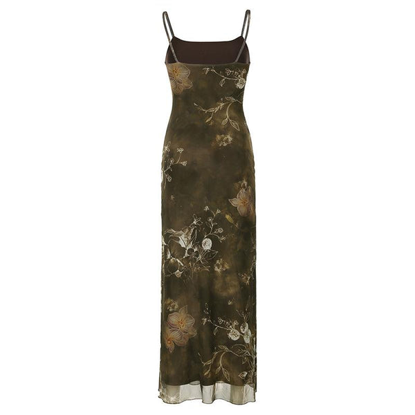 U neck print mesh cami maxi dress