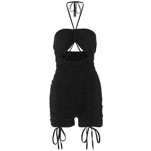 Halter drawstring hollow out ruched romper