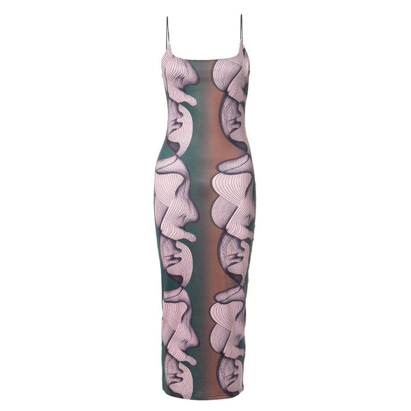 U neck abstract print contrast cami midi dress