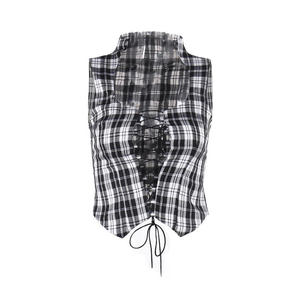 Plaid sleeveless lace up corset top