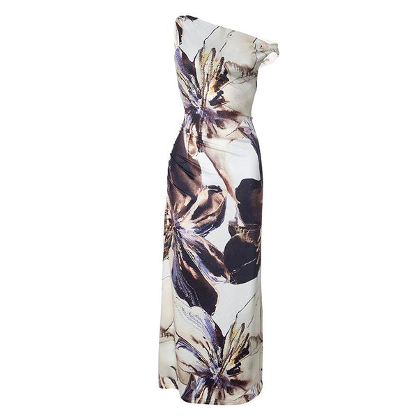 Off shoulder abstract print ruched maxi dress