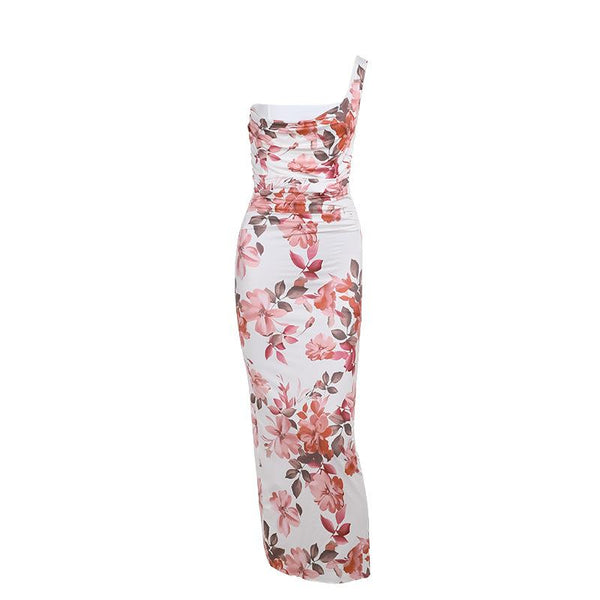 One shoulder ruched flower print maxi dress